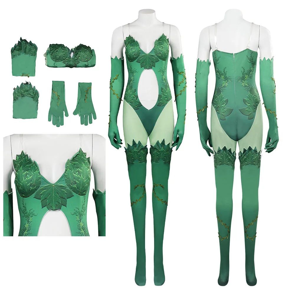 

Poison Ivy Cosplay Costume Female Superhero Disguise Jumpsuit Gloves Cartoon Adult Women Halloween Role Play Fantasy Suit