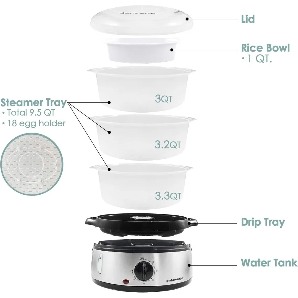 Maxi-Matic Electric Food Vegetable Steamer with BPA-Free 3 Tier Stackable, Nested Basket Trays, Auto Shut-off 60-min Timer, 800W