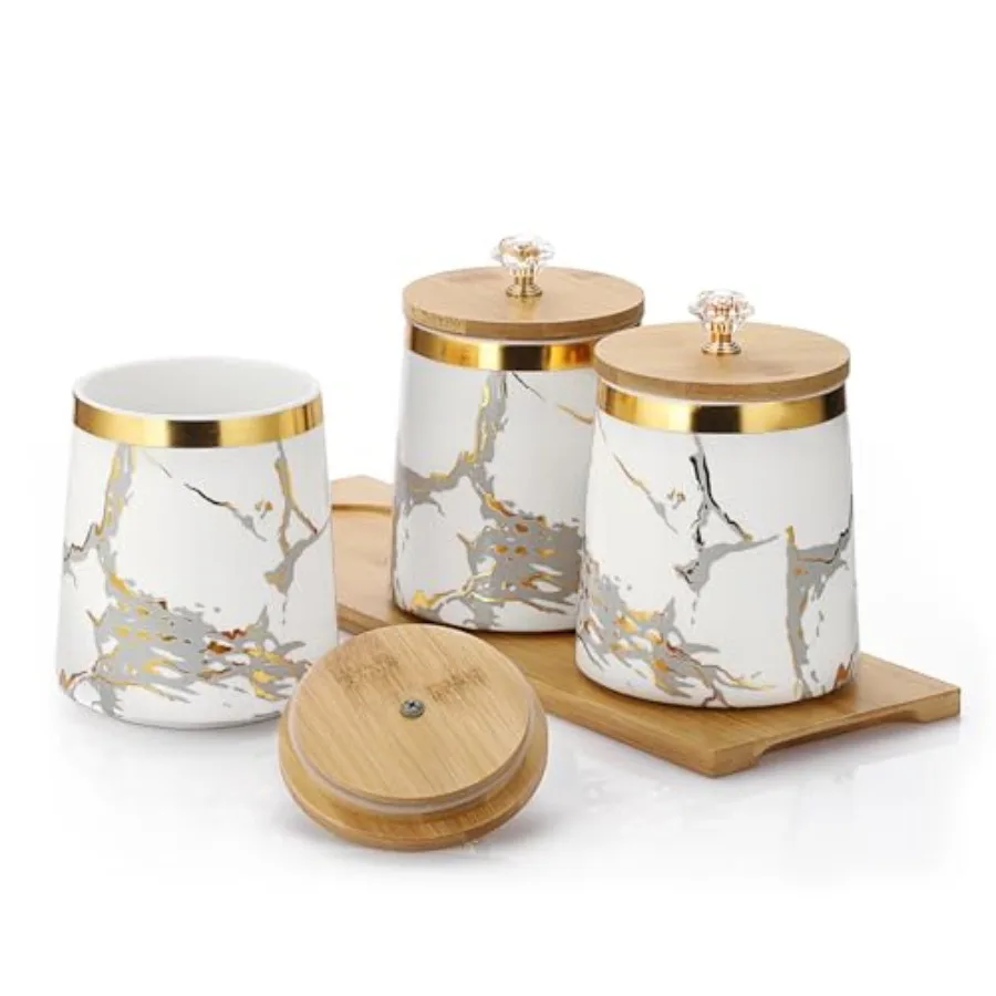 Set of 3 Canisters Set for Sugar Coffee Tea with Airtight Lid Ceramic Storage Containers Sets White Storage Pots with Tray Stor
