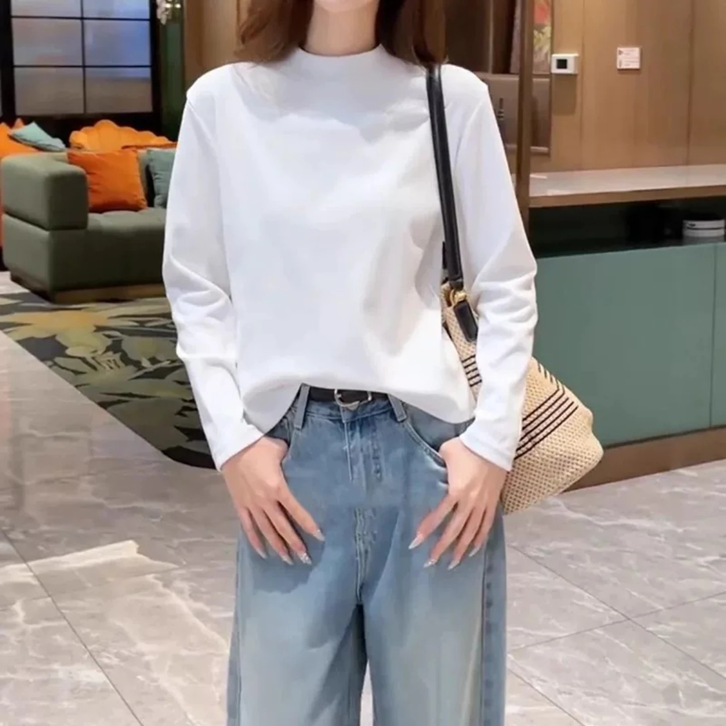 Slimming Long Sleeve T-Shirt Women's Autumn plus Size Half High Collar Base Shirt Versatile Slim Fit Top Commute Style Korean...