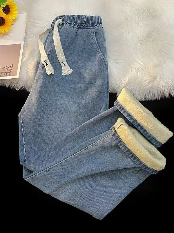 

Новые мужские джинсы 2025 года: свободный крой, утепленные флисом, с эластичным поясом, прямые штанины, износостойкие, для повседневной носки и работы, хлопок, деним