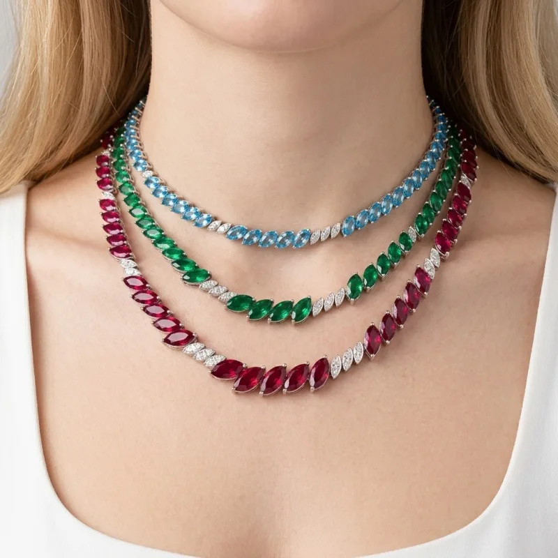 Light‑Luxury Marquise‑Cut Color Zircon Tennis Necklace, Interval White Diamond Full‑Paved Clavicle Chain, Versatile Dinner Party