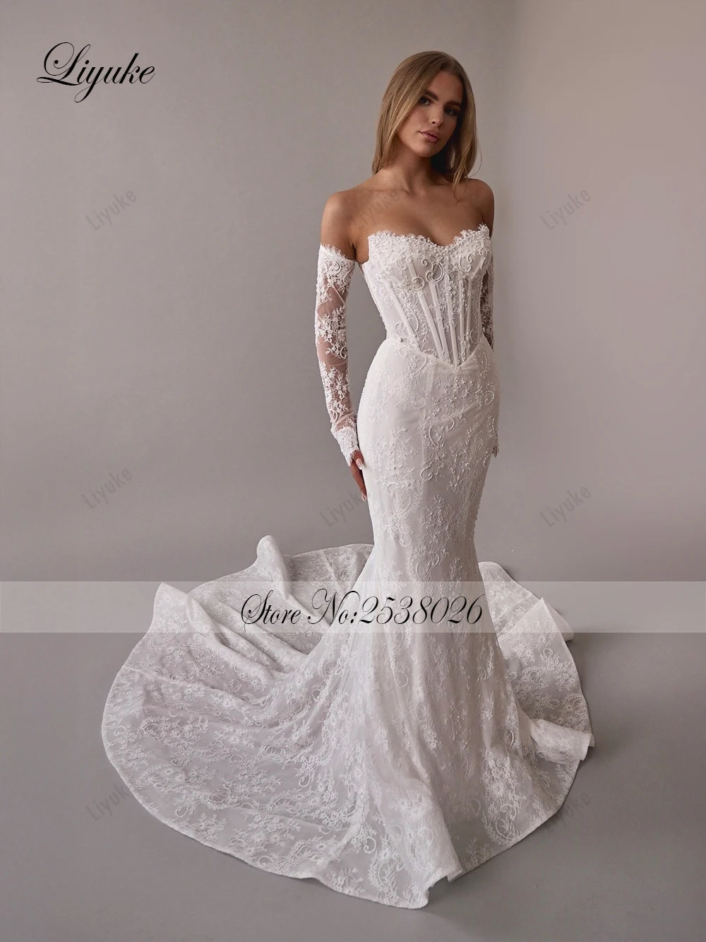 Liyuke sur mesure perles perles sirène robes De mariée Robe De mariage manches amovibles 2 en 1 dentelle trompette robes De mariée