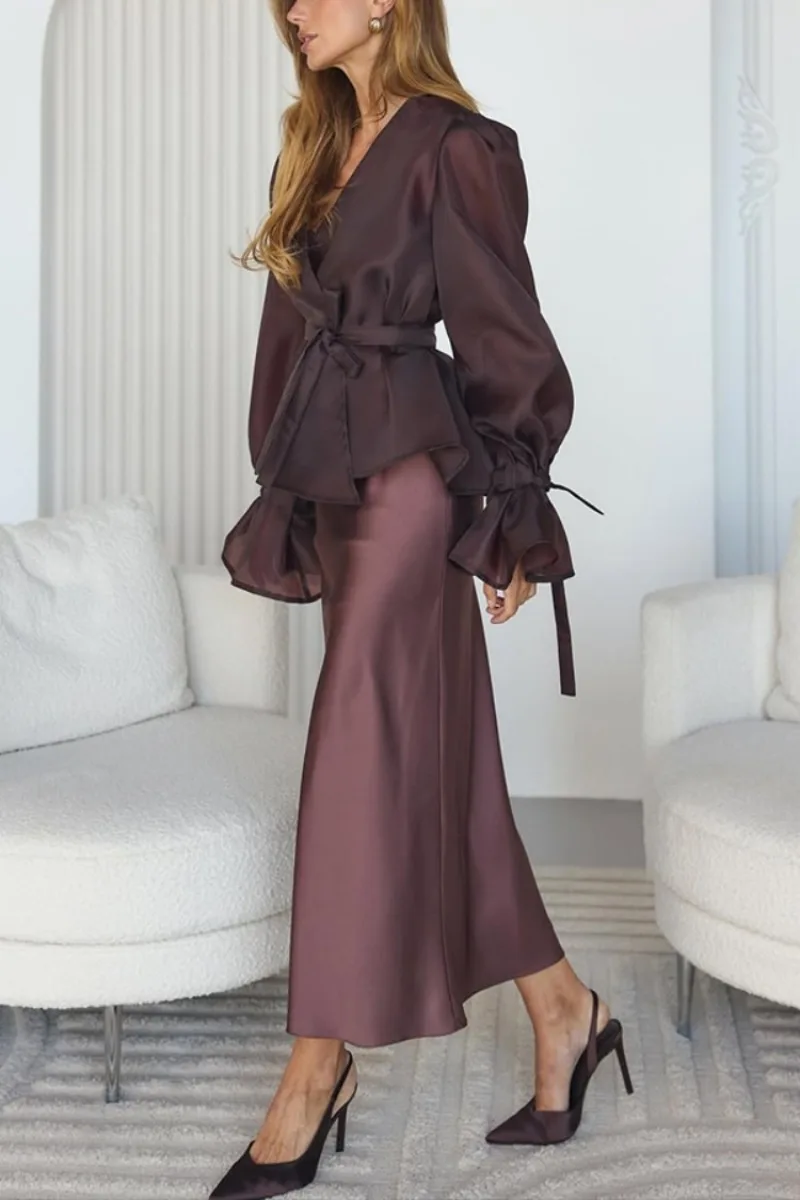 Autumn Women V-Neck Lace-Up Shirt Long Dress Set High Waist Slim Satin Dress Female French Woman Casual Office Matching Sets Y2k view 2