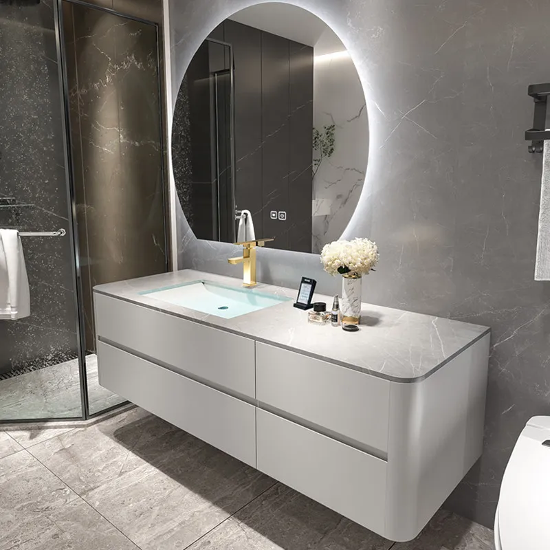 Simple Solid Wood Bathroom Cabinet Combination Light Luxury Washbasin Bathroom Counter Upper And Lower Integrated Basin