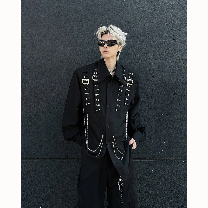 

Punk Y2k Metal Buckle Chain Men's Shirts, Black Gothic Padded Shoulders Mans Shirt, Oversized Streetwear Clothes For Man