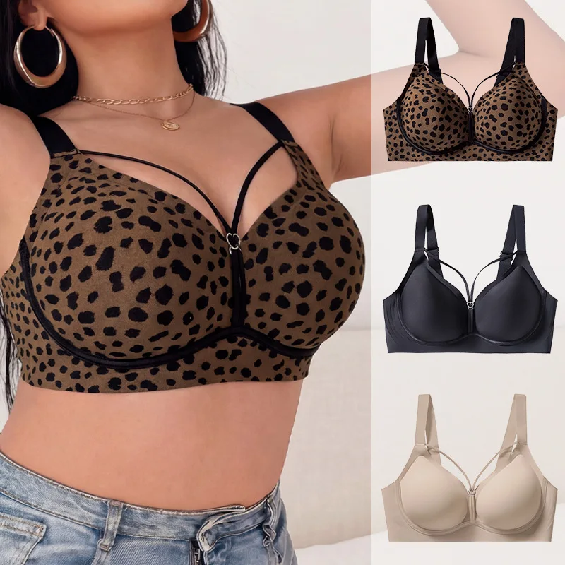 Plus-size Wireless Leopard Print Bra Woman Ladies Soft Support Gathers Lifts Seamless Designed Women Larger Busts Side Breast