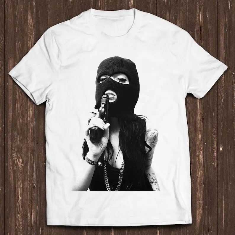 

Tattoo Girl Gun Violence Novelty Balaclava Retro Gamer Cult Meme Movie Music Cool Gift Tee T Shirt C2559