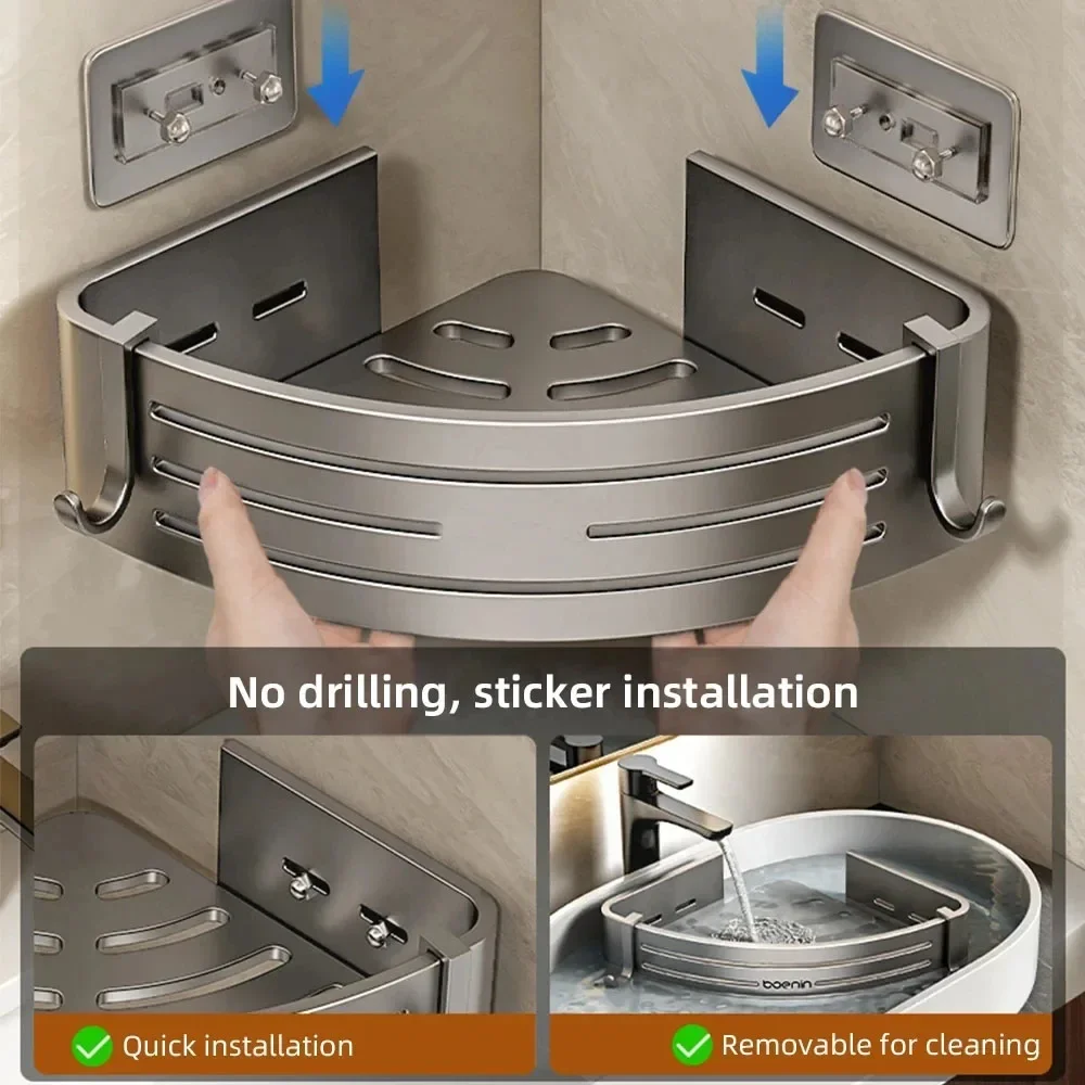 No Drill Bathroom Corner Shelf Wall Mounted Shower Corner Shelves with Hook Towel Bar Space Aluminum Bathroom Organizer Rack 4