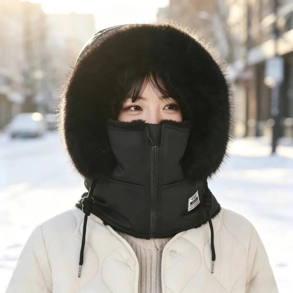 Thick Fleece Lined Winter Balaclava Hat Zipper Adjustable Fluffy Faux Fur Trim Full Face Neck Warmer Unisex Design Windproof