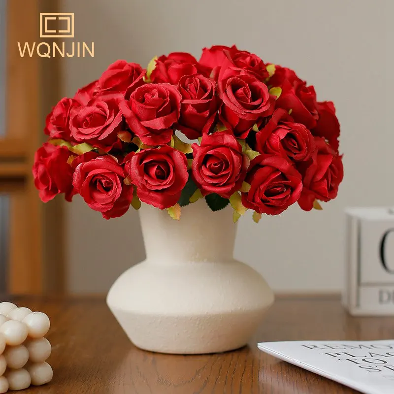 12 Heads Artificial Silk Rose Flowers Bouquet White Red for Wedding Bridal Party Home House Garden Festival Bar Decoration