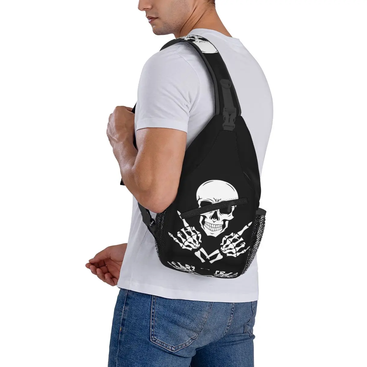 Mochila de hombro con esqueleto de calavera y gestos, Bolso pequeño de Rock Roll, bandolera de pecho, mochilas escolares de moda