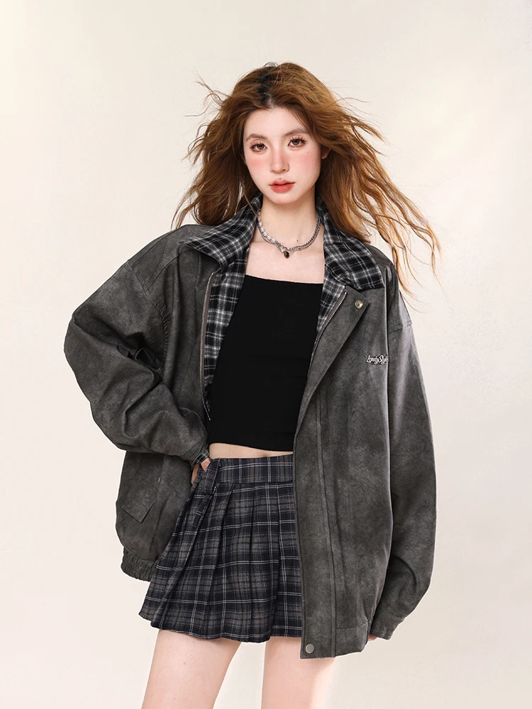 

AONW Американская мотоциклетная одежда в стиле ретро, замшевый клетчатый воротник, дизайн с длинным светом, женский универсальный топ Street Sle Loos...