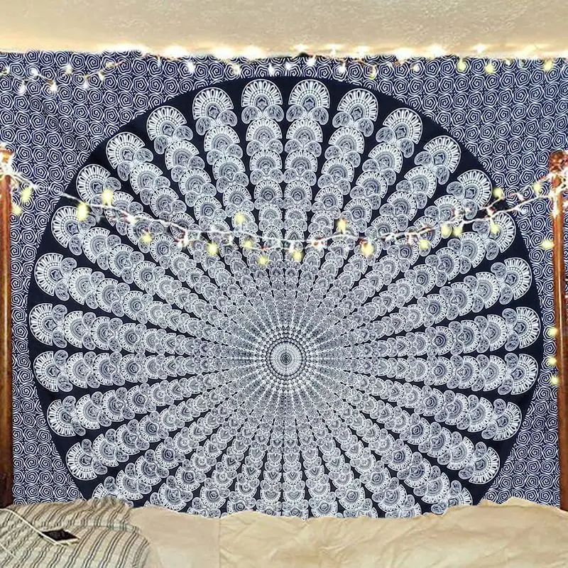 VIKAMA Tibetan Blue Gradient Peacock Tapestry Wall Hanging Home Decor for Bedroom Living Room Dorm Ethnic Mandala Aesthetic