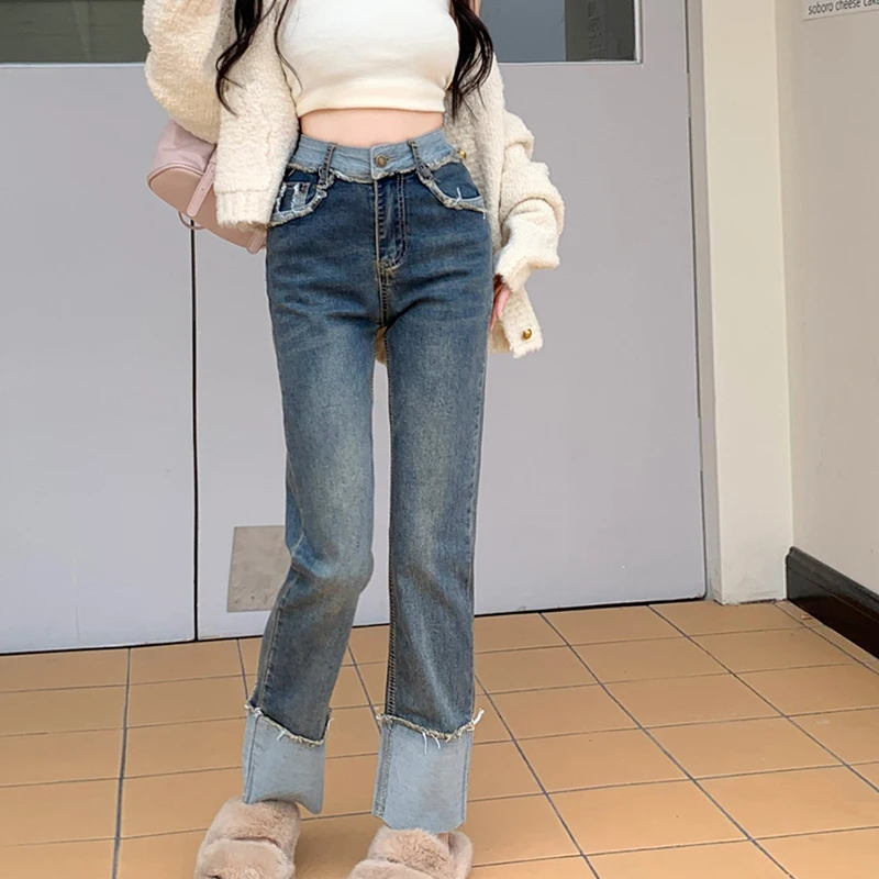 Jeans jeans vintage de cintura alta feminino, calça até o tornozelo, streetwear crimpador, roupas de perna larga, moda primavera, Y2k