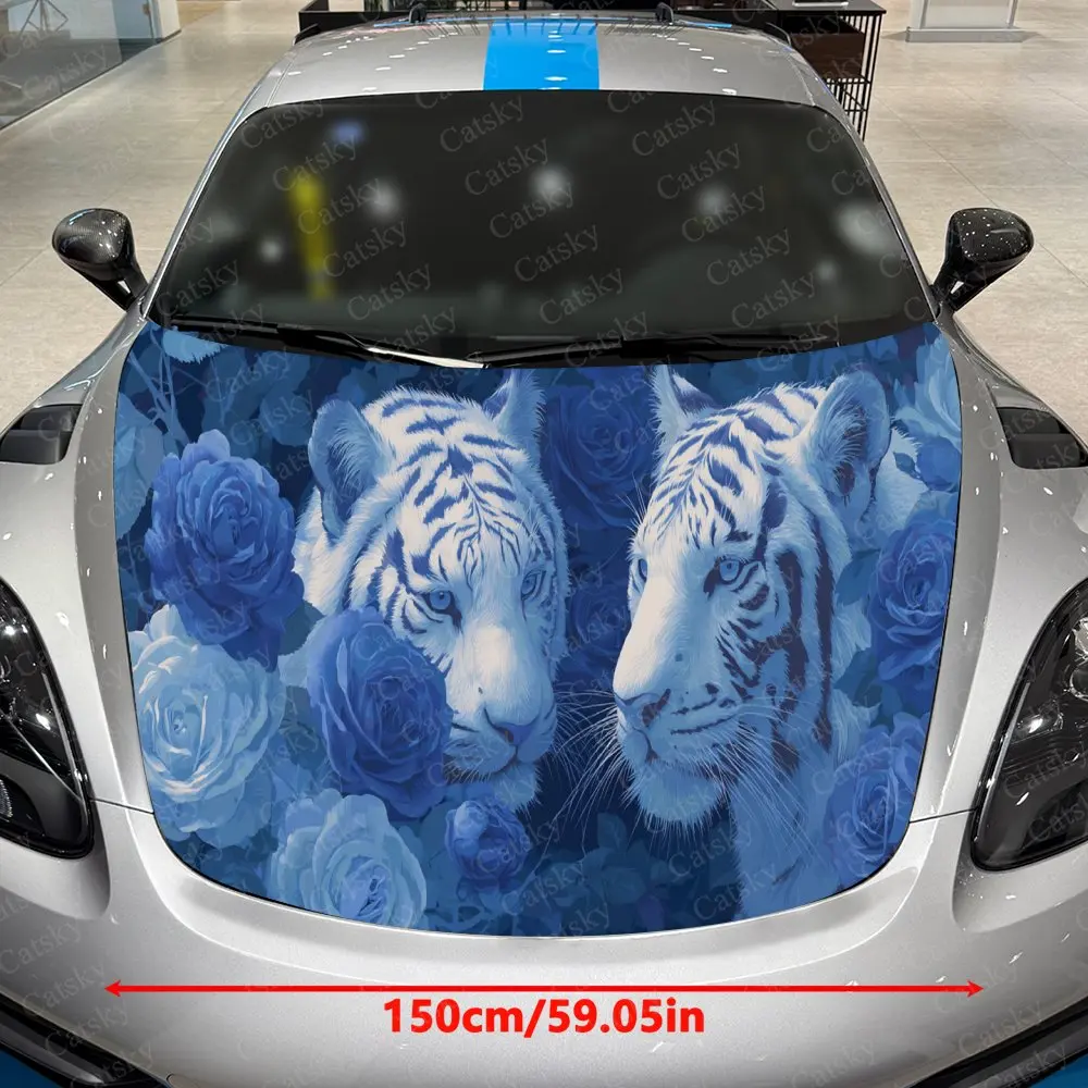 White Tiger Blue Rose Clusters car Hood Wrap Color Vinyl Sticker Truck Graphic Bonnet Auto Accessories Decor Protect Decal Gift