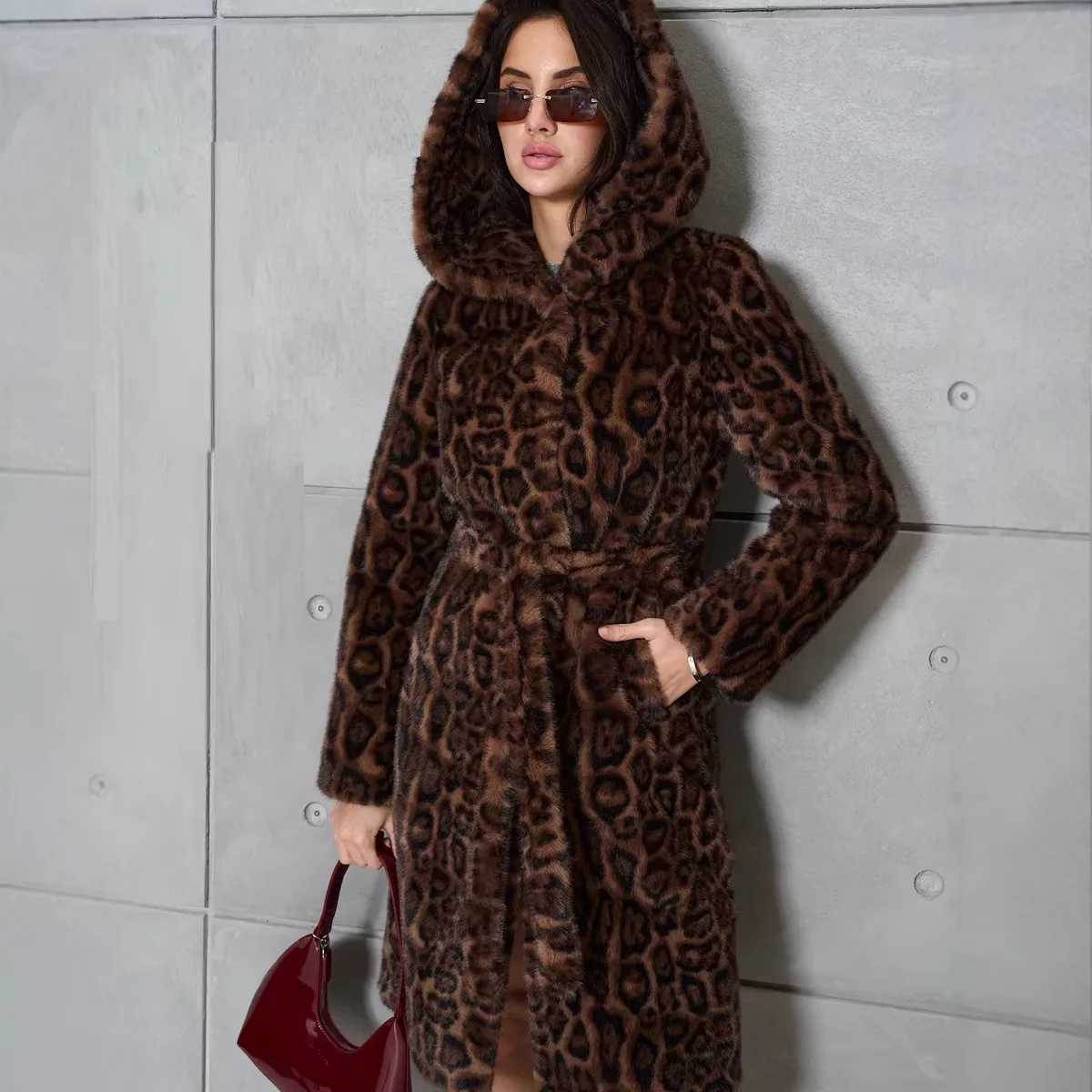 Faux Fur Women Long Coats Jackets Leopard Print Hooded Coat Y2k Streetwear Jacket Lace Up Belt Thick Warm Autumn Winter