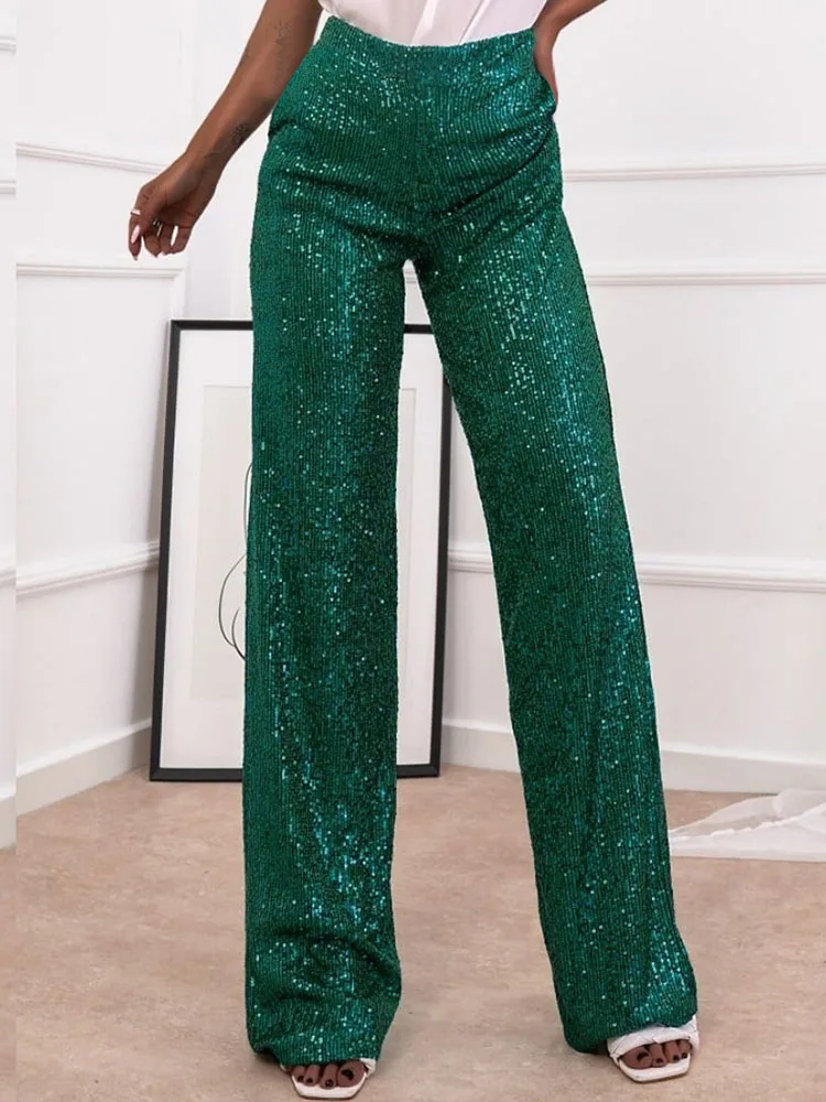 

Szkzk Women Sequin Club Pants Straight Leg High Waist Gold Silver Trousers Nightclub Bottoms For Party Sexy Clubwear Long Pants