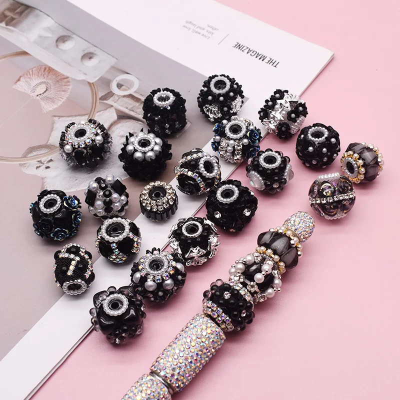 3 قطعة/الحقيبة 18-25 مللي متر تصميم الاكريليك الخرز اليدوية الأسود زهرة القلم الخرز لصنع المجوهرات DIY بها بنفسك حبة القلم سلاسل المفاتيح سلسلة الهاتف #6