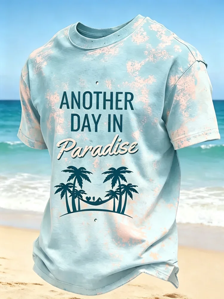 Men Vintage Bleach Wash Beach Tee Tropical Palm Tree Letter Print Crewneck Short Sleeve Casual Summer Holiday T‑Shirt