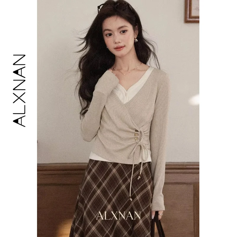 ALXNAN T-shirt a maniche lunghe da donna Design asimmetrico Coulisse Cravatta Dettaglio Autunno Nuovo scollo a V Ritagliata Falsa Top in due pezzi L569112