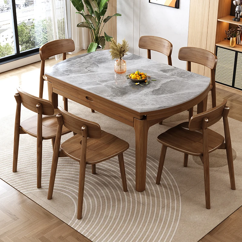 

Retractable Folding Round Dining Table, Solid Wood Rock Slab Dining Table, Small Household Apartment, Mode