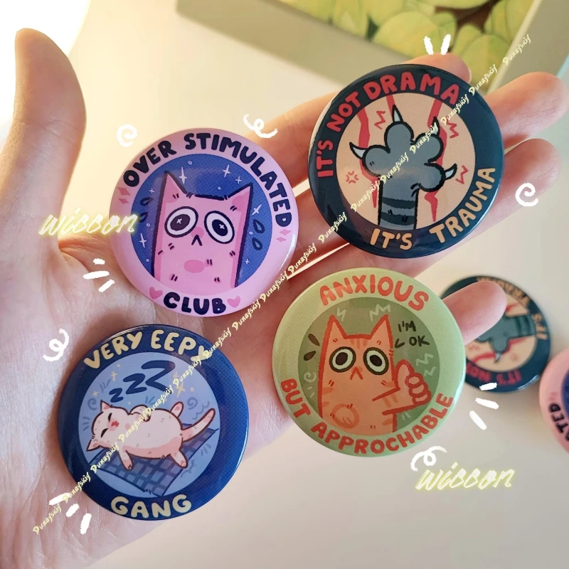 Funny Cat Button Pins Mentally Unstable Club Overstimulated Anxious Trauma Badge Cartoon Animal Brooch Backpack Bag Decoration