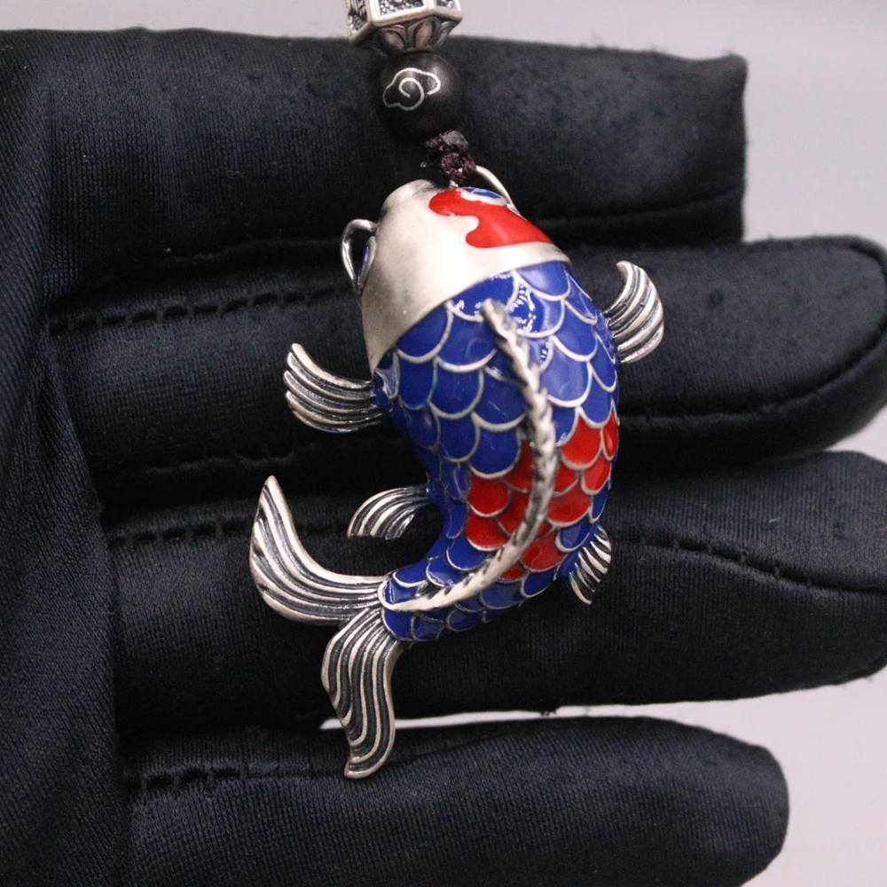 

Real Pure 999 Fine Silver Men Women Lucky Hollow Enamel Red Blue Fish Pendant 18.8g