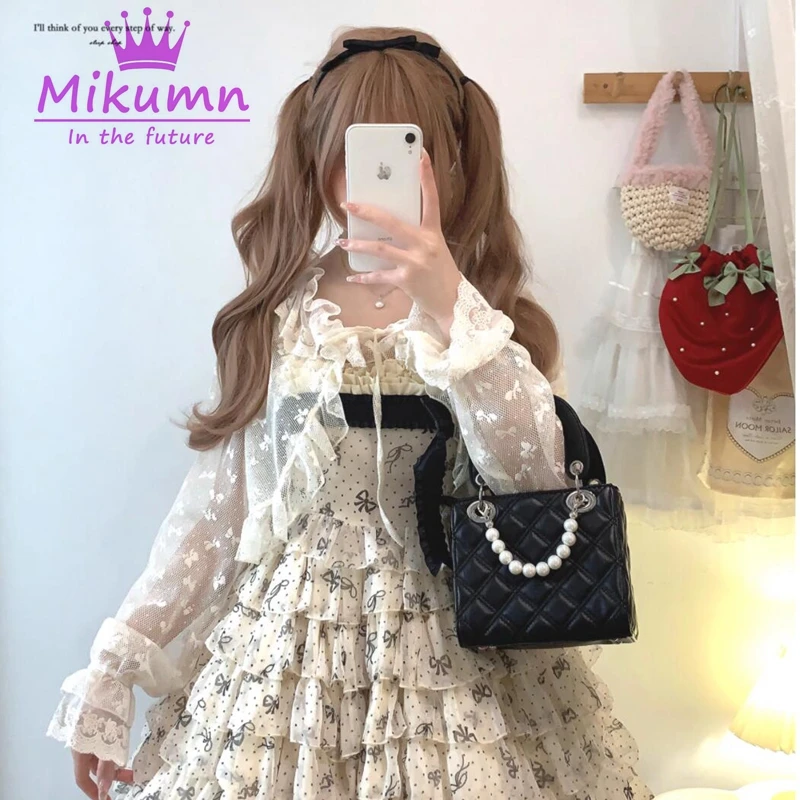 Mikumn Harajuku Y2k Kawaii Pink Lace Shirts Japanese Lolita Style Short Cardigan Women Sweet Mesh Ruffles Lace-up Cute Crop Tops