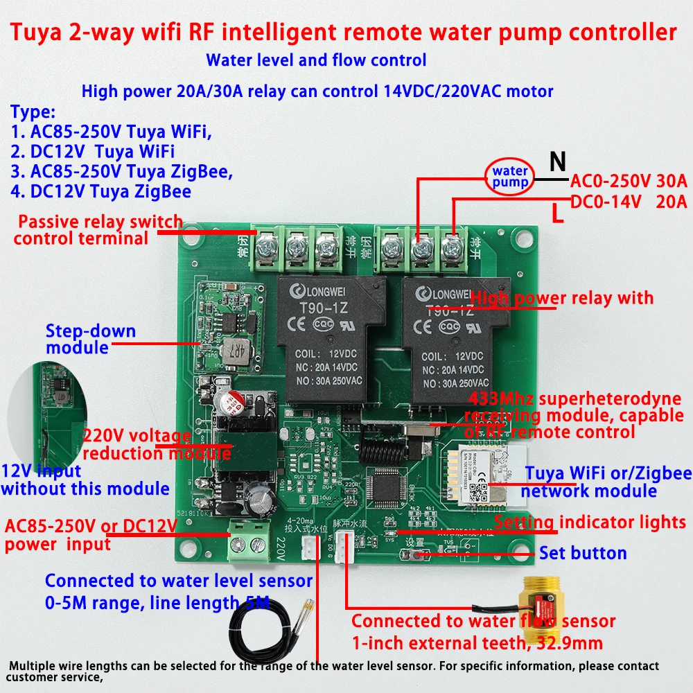 Tuya 2 Way WiFi Water Level Controller with Liquid Level Sensor Relay Output Cell Phone App Remote Control Liquid Level Meter