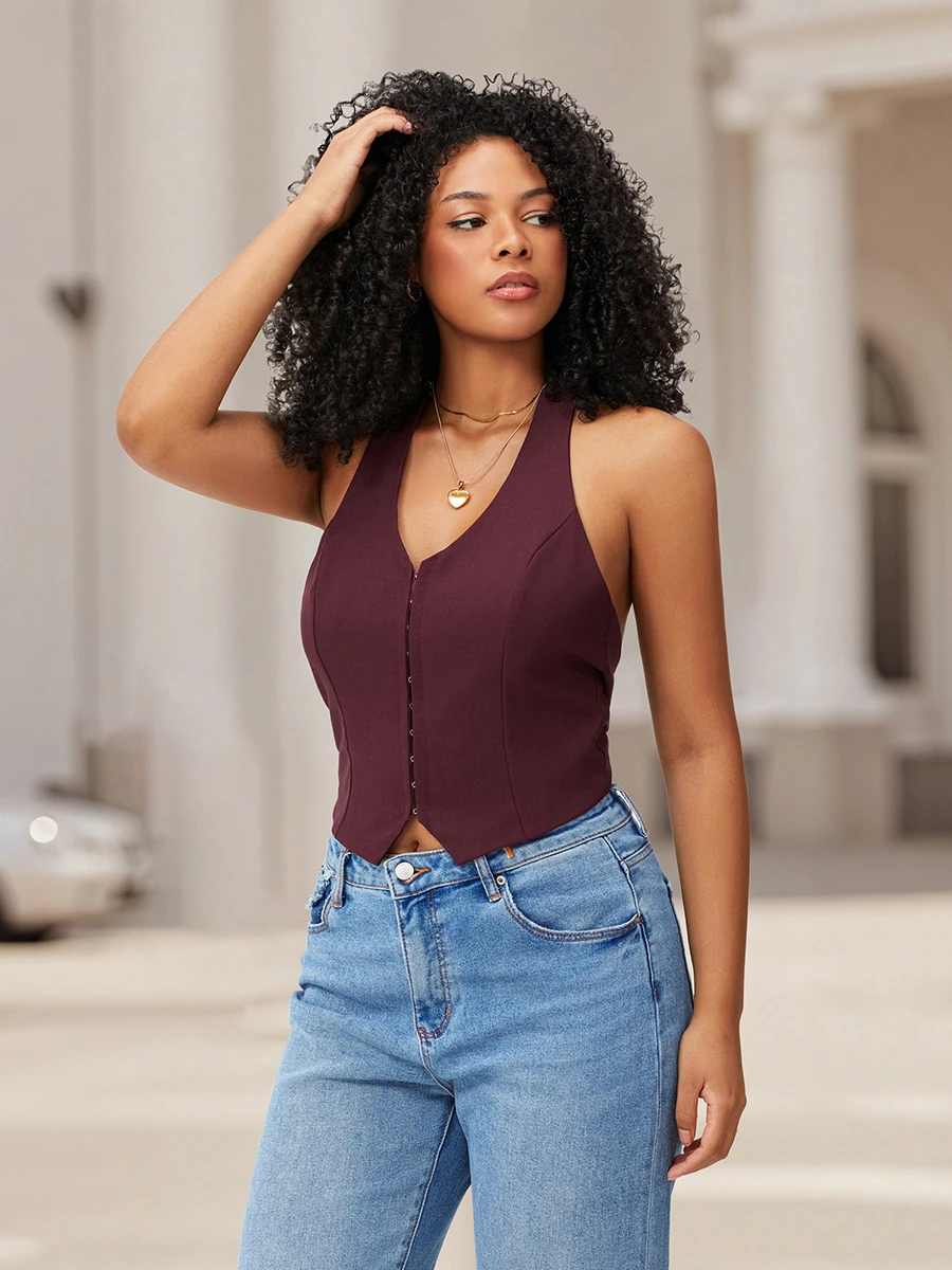 Débardeur décontracté sans manches à col en v pour femmes, coupe ample, couleur unie, gilet d'été avec bretelles réglables et détail d'attache au dos