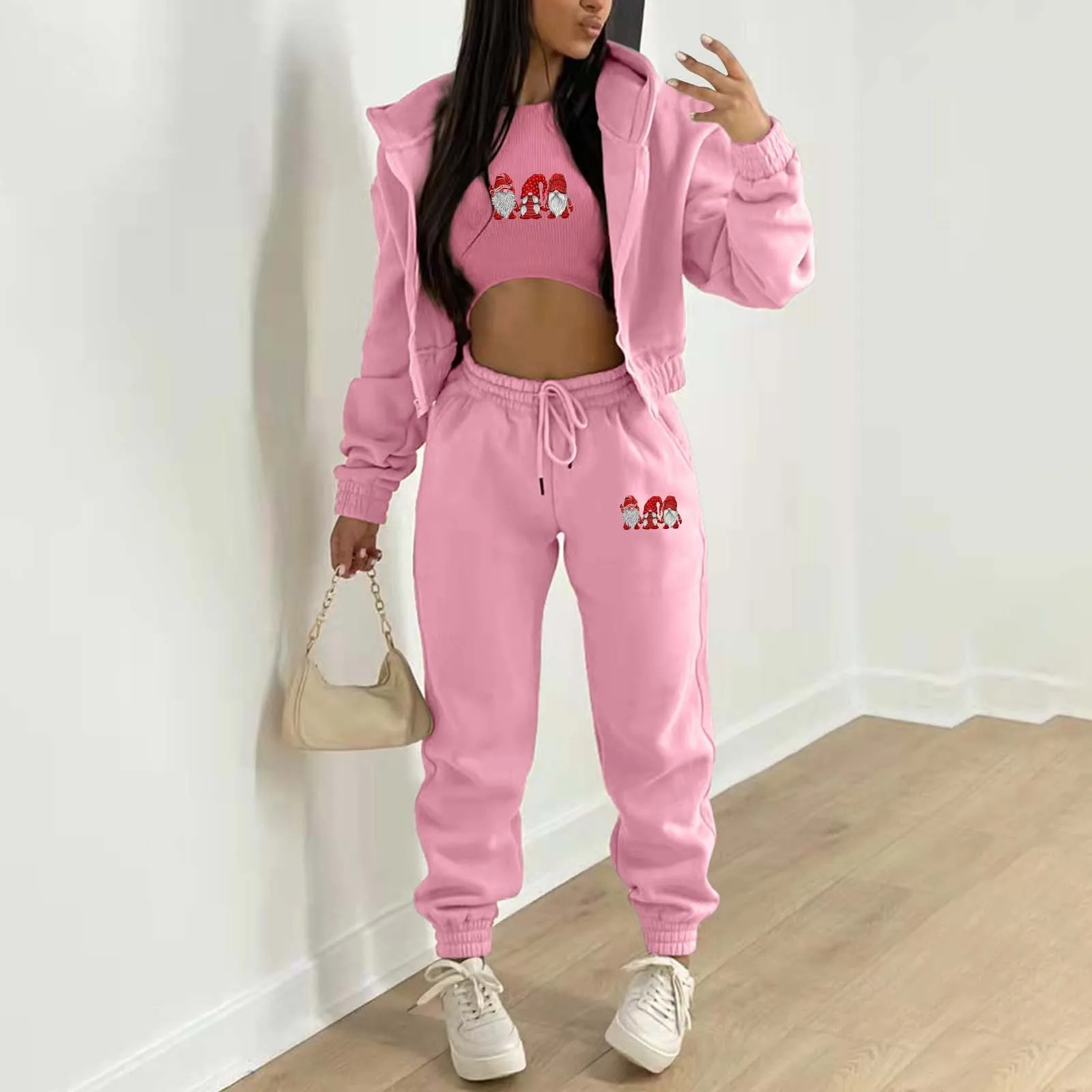 

3 Piece Sets Casual Long Sleeve Zip Hoodies+High Waist+Ribbed Tank Sweatpants Jogger Pant Suits Sporty 3 Pieces Outfit Christmas