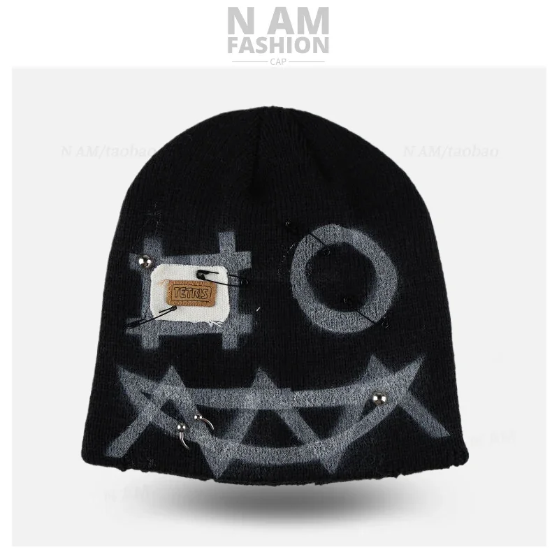 American Punk Style Personalized Graffiti Design Beanies Cap Y2K Winter Warm Versatile Hip Hop Pullover Hat for Men and Women image 2