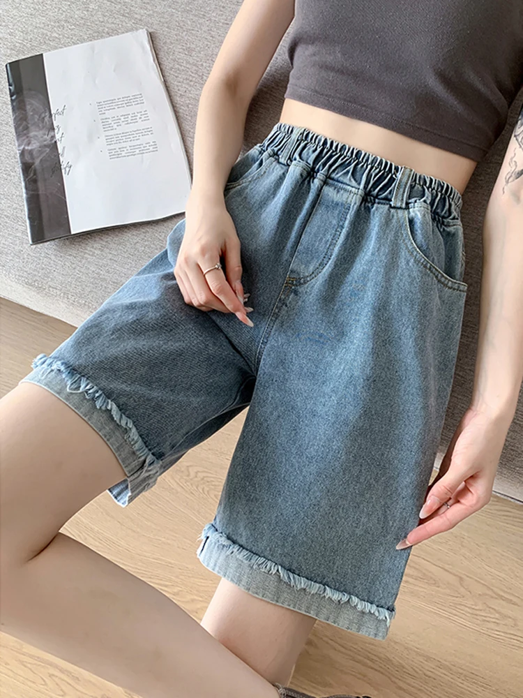 

High Waist Elastic Waist Short Jeans Women's Summer Thin New Style Loose Wide Leg Five-Quarter Middle Pants Blue Thin Denim