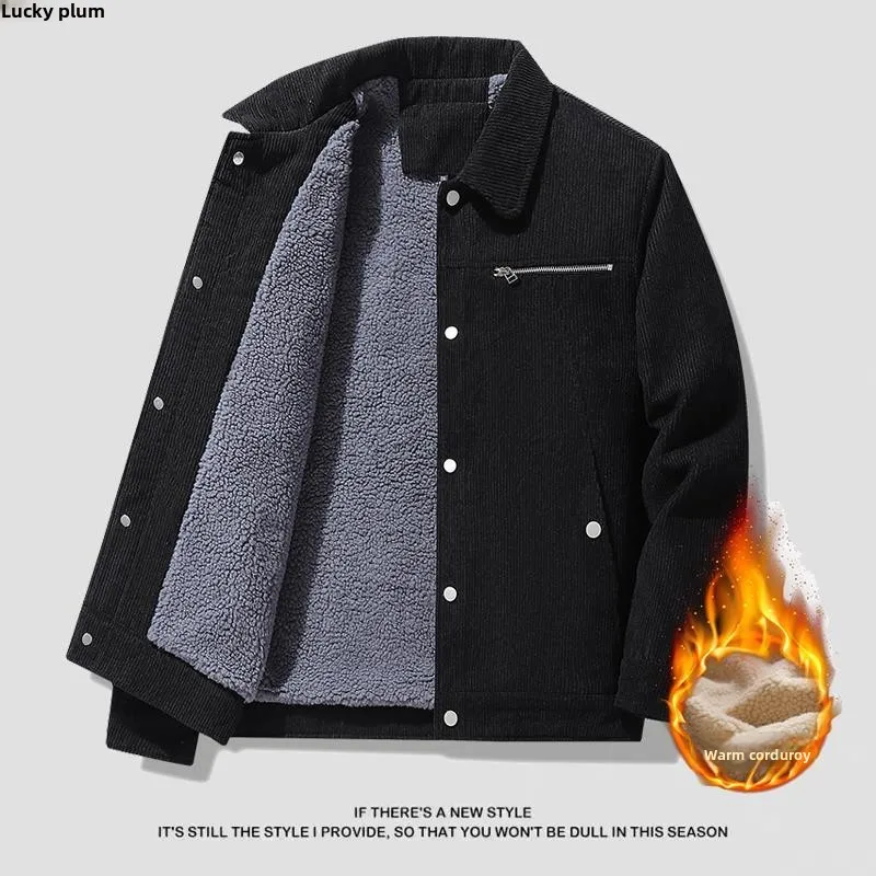 

Men's Corduroy Jaet Thiened Fce Warmth Autumn Winter Outerwear Youth Loose Fit Long Sve Zipper Closure Color