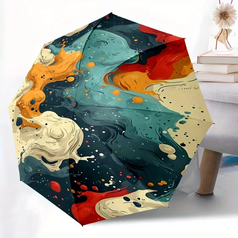 

1pc Automatic Open/Close Umbrella with One-Touch Button, Windproof 8-Rib Construction, Compact Folding Canopy - Teal/Orange/Re