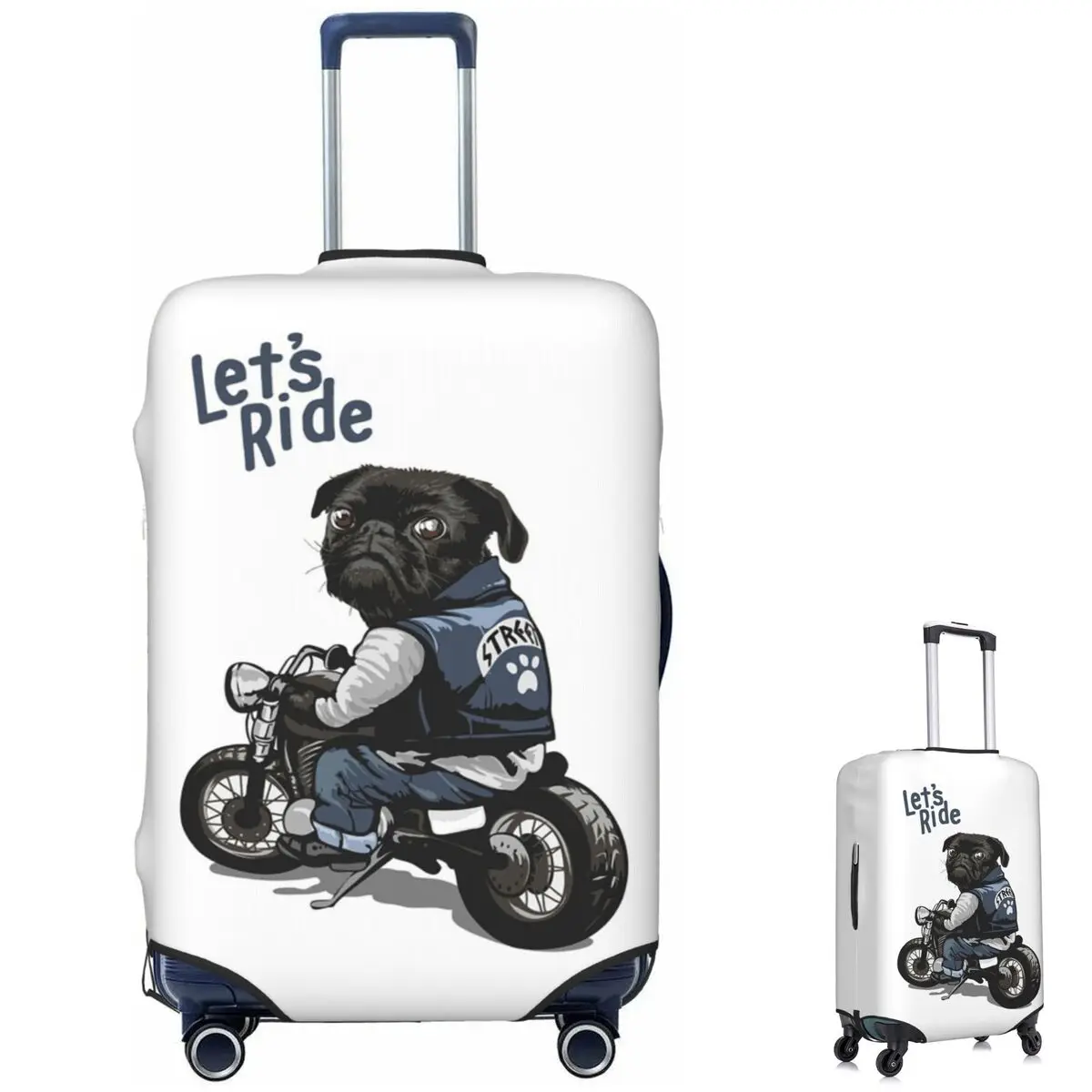Let's Ride Motorcycle Big Bike Black Pug Dog Suitcase Cover Protection Elastic Travel Luggage Protector Covers for 18-32 Inch