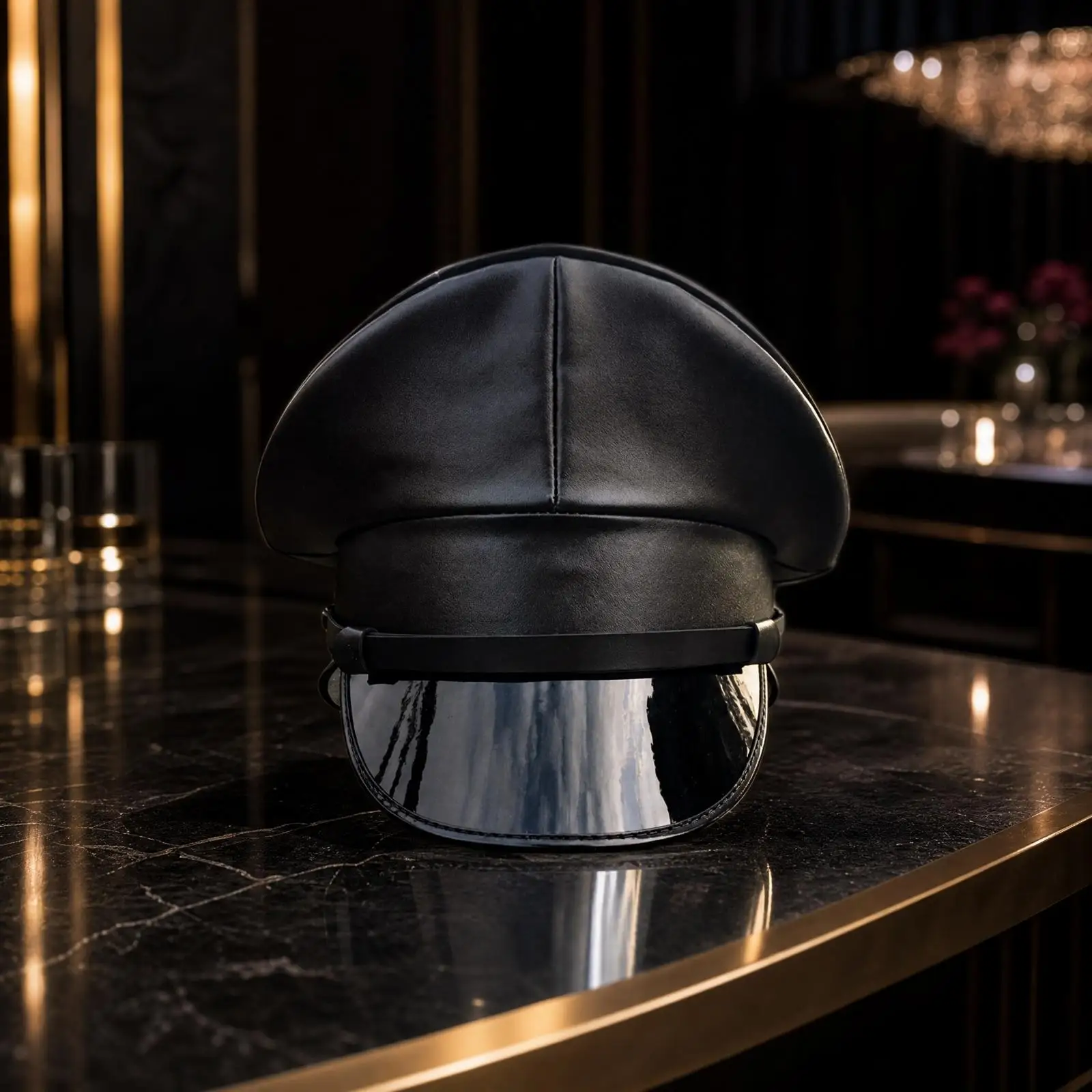 Glossy Visor Stage Performance Cap PU Leather Rounded Crown Hat for Creative Costume Styling Night Events