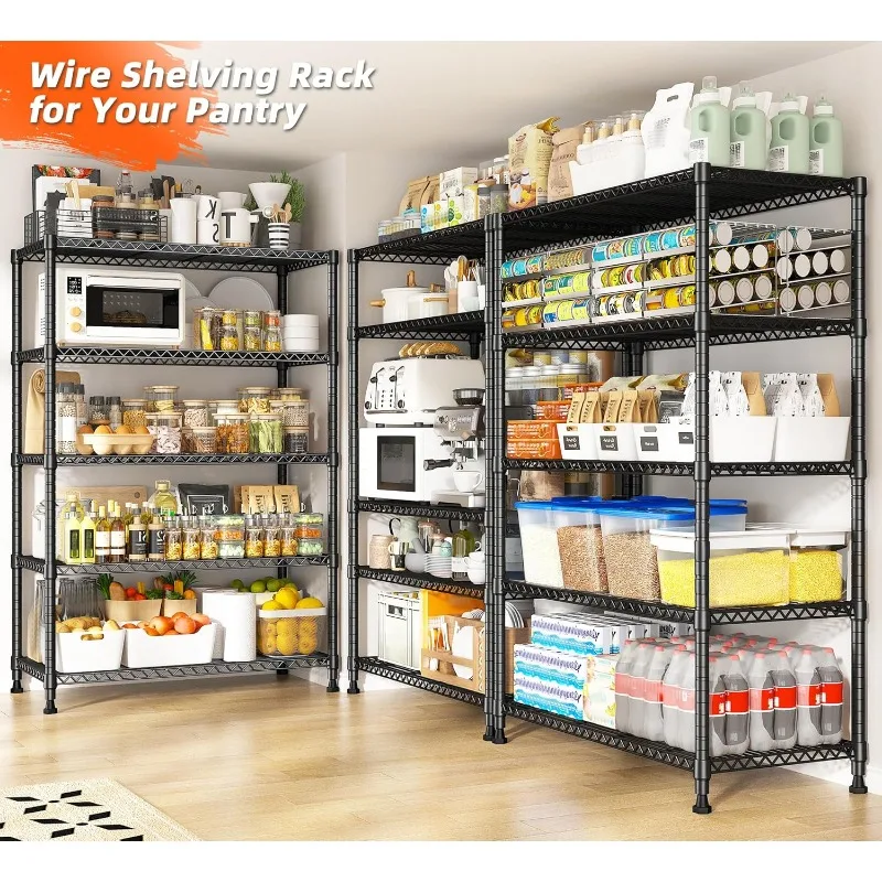 Storage Shelves, 5-Tire Wire Shelving Load 1000LBS Metal Shelves for Storage Adjustable Garage Shelving Unit Wire Shelf Rack