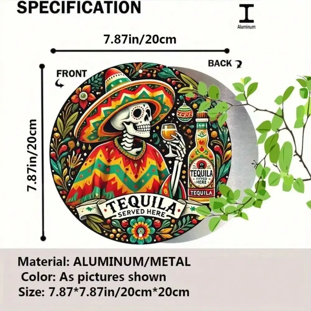 CIFBUY Tequila Served Here Sign with Skeleton - Mexican Style Metal Wall Decor for Bar, Man Cave & Living Room, 20x20 cm Rustic