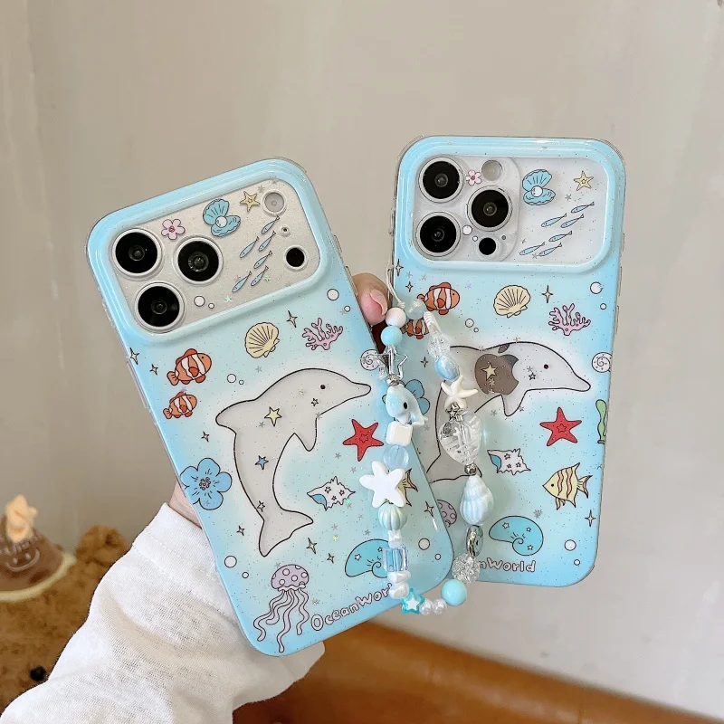 

﻿Luxury Cute cartoon sea blue dolphin jellyfish Sparkling Phone Case For iPhone 17 16 15 14 Pro Max dolphin Glitter Cover chain﻿