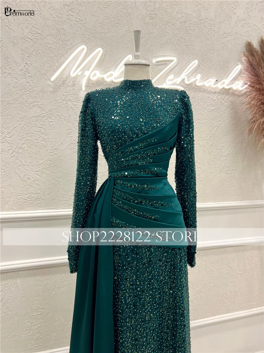 Emerald Green Abendkleider 2024 Glitter Evening Dresses Women High Neck Full Sleeves Formal Dress Islamic Muslim Robes De Soirée