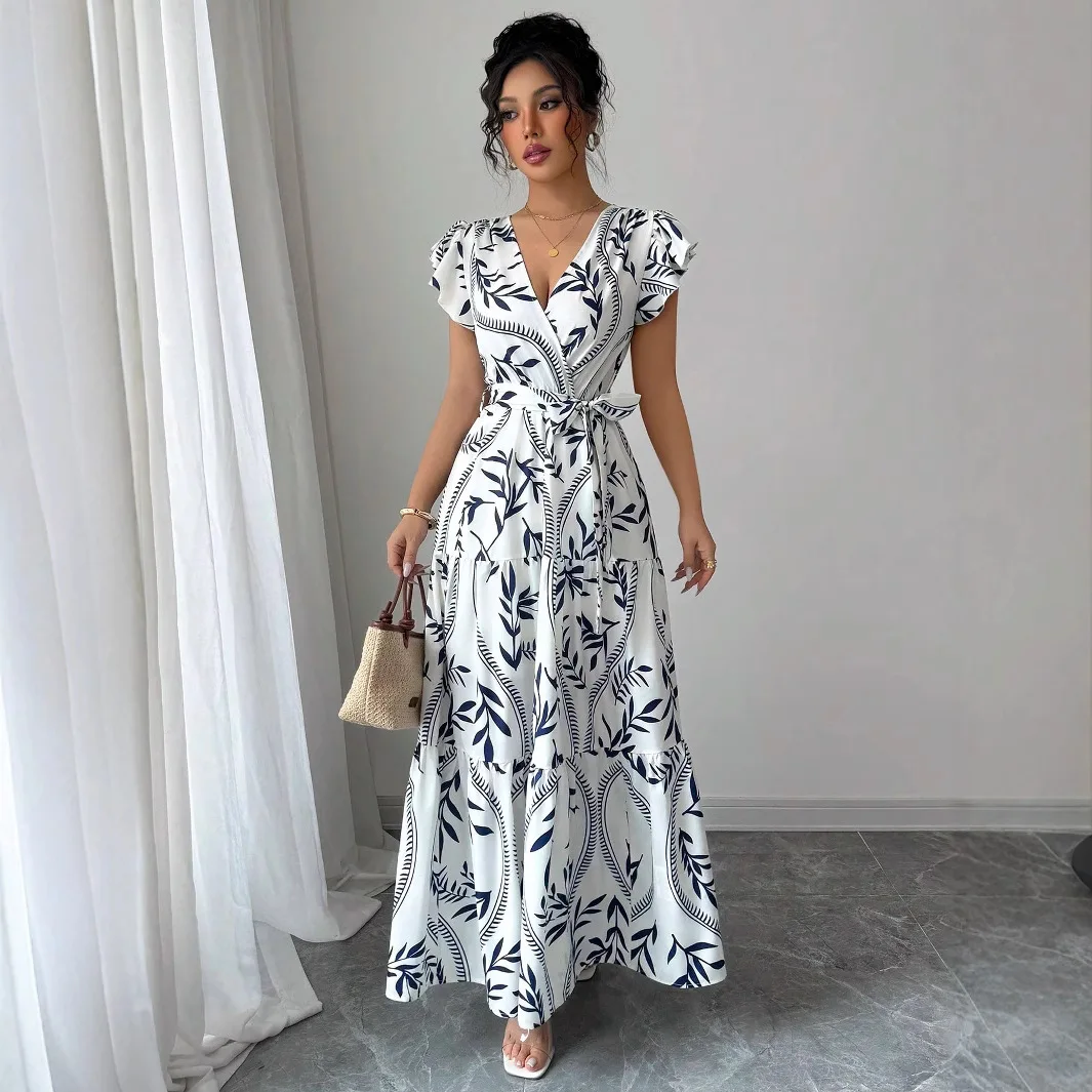 

2025 Spring and Summer New Printed Ruffled V-neck Sexy Slim Fit Long Dress Vestidos De Mujer