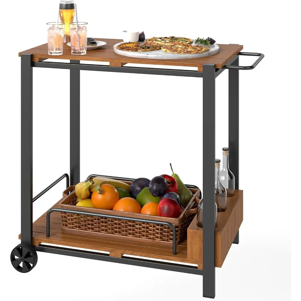 

Acacia Wood Outdoor Bar Cart, Rolling 2-Tier Outdoor Serving Cart with 3 Bottle Holders and 2 Wheels for Kitchen, Patio, Garden