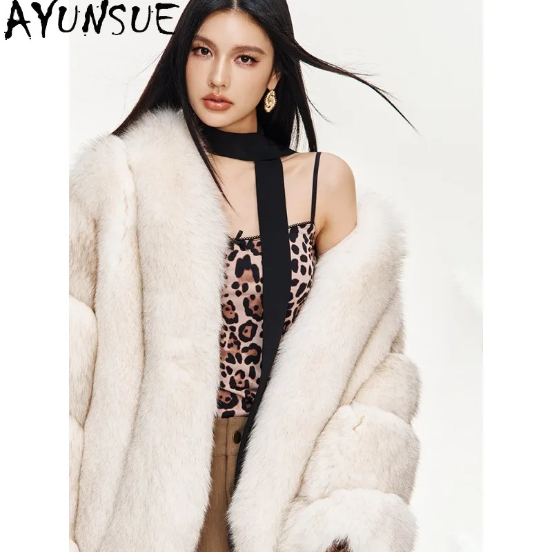 AYUNSUE 리얼 폭스 퍼 코트 여성용 따뜻한 겨울 퍼 재킷 긴 소매 탑 스타일리시 퍼 코트 럭셔리 여성 의류