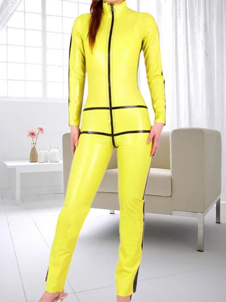 

Handmade Latex Catsuit Gummi Streak Masquerade Cospaly Slim Hood Anzug Damen Fetisch Yellow Bodysuit