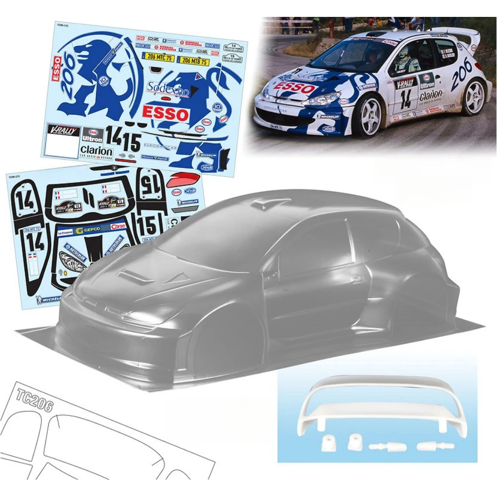 TC206 1/10 Peugeoot 206 Rally Clear Lexan Car Body W/3D Print Rear Wing and Mirrors for RC Rally Chassis 237mm