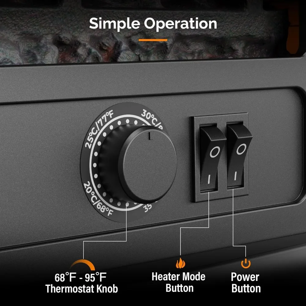 سخان مدفأة كهربائي ROVSUN 20H، 1400 وات محمول قائم بذاته مع ترموستات، تأثيرات لهب واقعية، حماية من الحرارة الزائدة