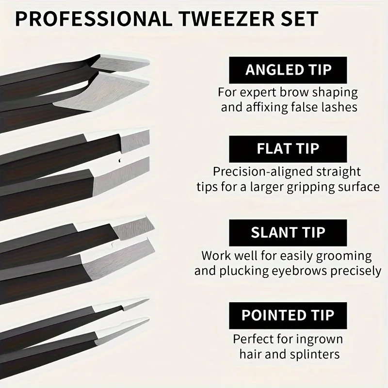 4Pcs Potable Precision Stainless Steel Eyebrow Tweezer - Slanted Tip for Perfect Brow Shaping & Hair Removal- Skincare Tools