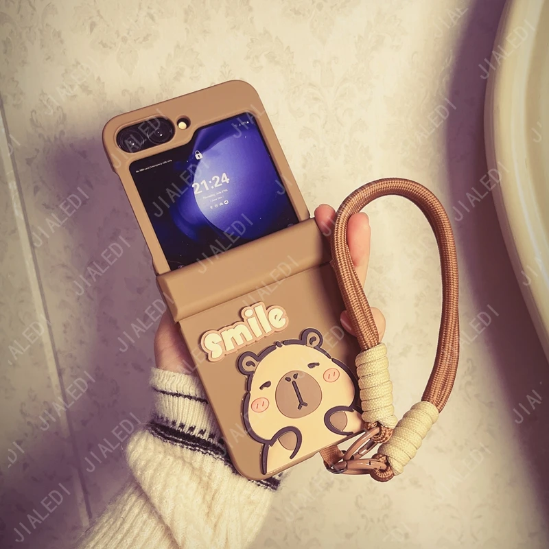Cute Ears Capybara Bracelet Hinge Protective Phone Case For Samsung Galaxy Z Flip 3 4 5 6 7 Flip6 ZFlip7 7FE Hard Cover